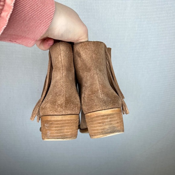 Lucky Brand Tan Suede Fringe Ankle Boots Womens 8.5 M Round Toe Block Heel Boho - Picture 4 of 9
